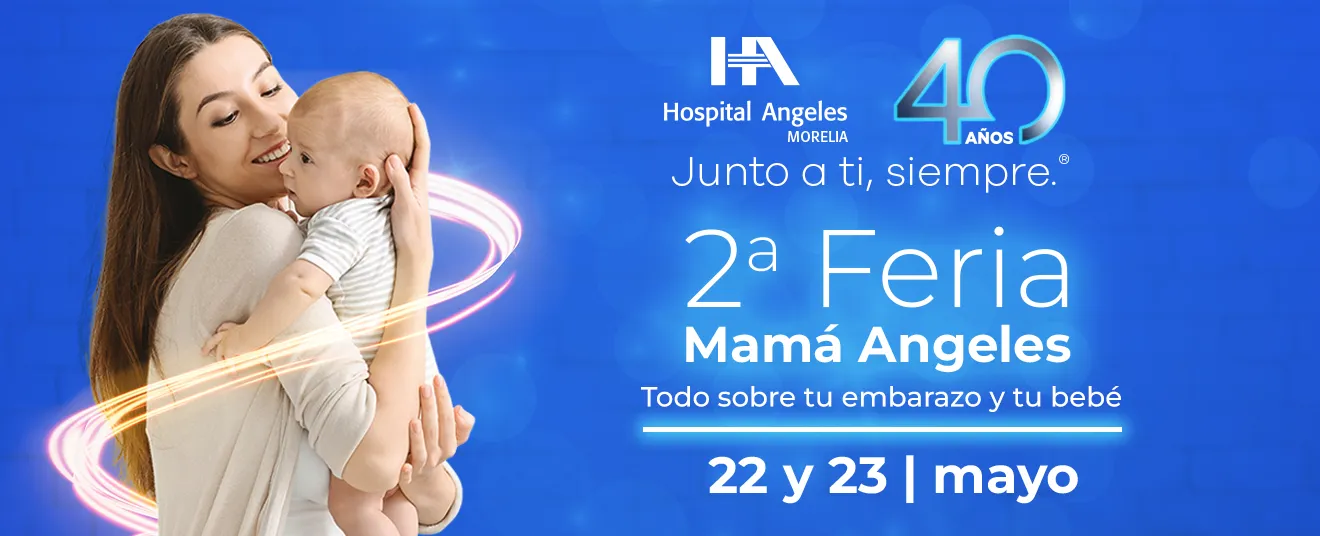 Banner azul con mujer embarazada tocandose el vientre, letras blancas Mamá Angeles todo sobre tu embarazo y logo de Hospital Angeles Morelia blanco.   