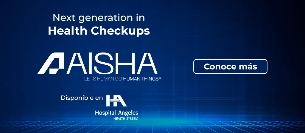 Banner azul rey, cuadricula azul neón debajo, letras blancas de AISHA con logo de Hospital Angeles Health System y botón de conoce más.