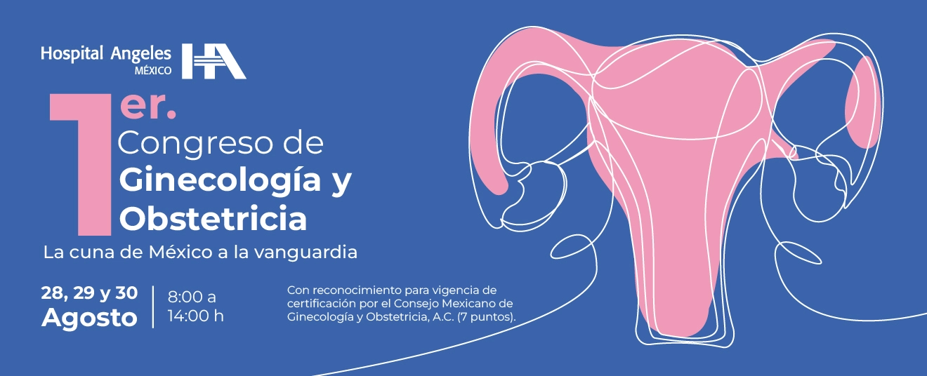 Título del primer congreso de ginecología y obstetricia en color blanco, sobre fondo azul, silueta color rosa de aparato reproductivo femenino.