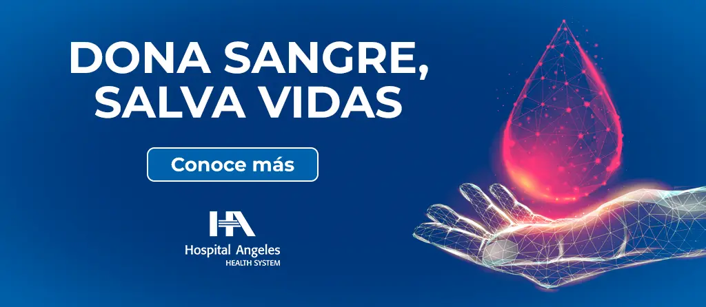 Banner azul oscuro, letras blancas de Dona Sangre, Salva Vidas, a un costado imagen de mano en 3D con una gota de sangre roja y botón azul de conoce más.