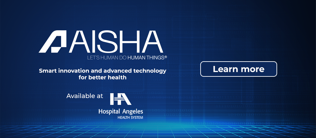 A royal blue banner with a neon blue grid below, featuring white "AISHA" lettering alongside the Hospital Angeles System logo and a "Learn More" button.