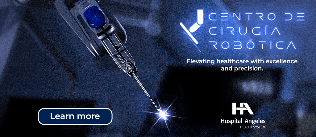 Blue banner, LED lights, gray surgical robot arm. White lettering reading "Robotic Surgery Center" and a blue button with white lettering reading "Learn More."