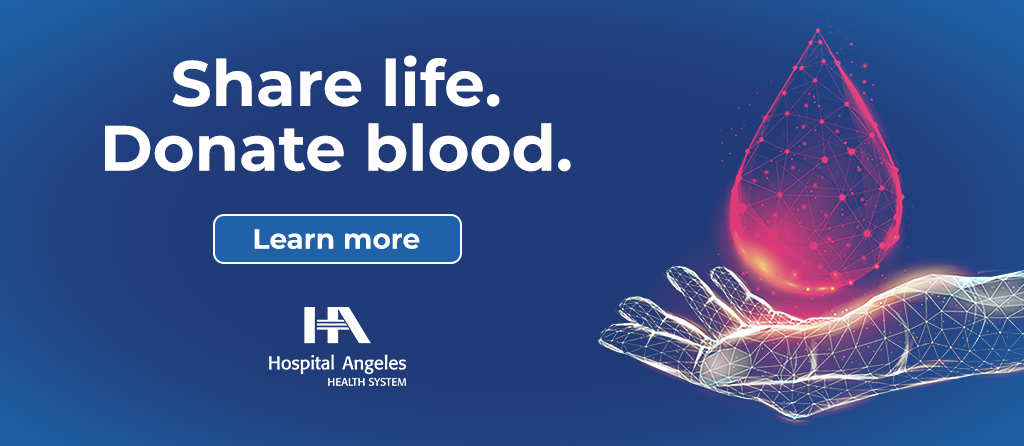 A dark blue banner with white text reading "Donate Blood, Save Lives," alongside a 3D image of a hand with a drop of red blood and a blue "Learn More" button.