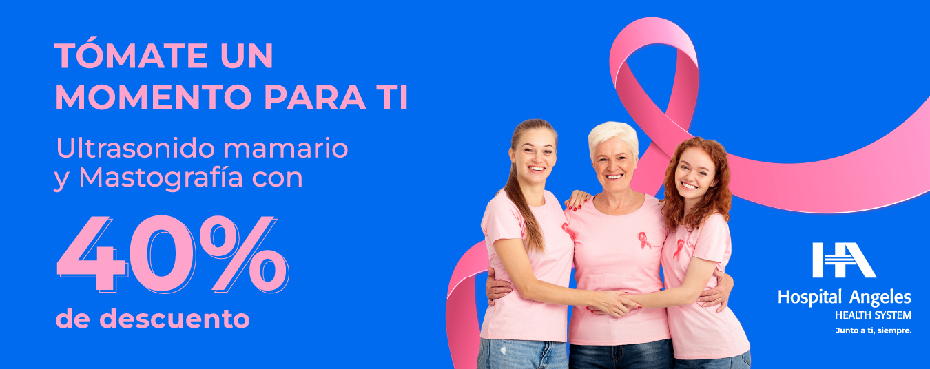 Banner rosa con silueta blanca de mujer realizandose una autoexploración mamaria, letras blancas 40% descuento mastografía y ultrasonido.