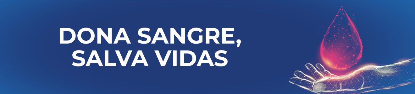 Banner azul oscuro con letras blancas de Dona Sangre, Salva Vidas con imagen en 3D de mano sosteniendo una gota de sangre roja.