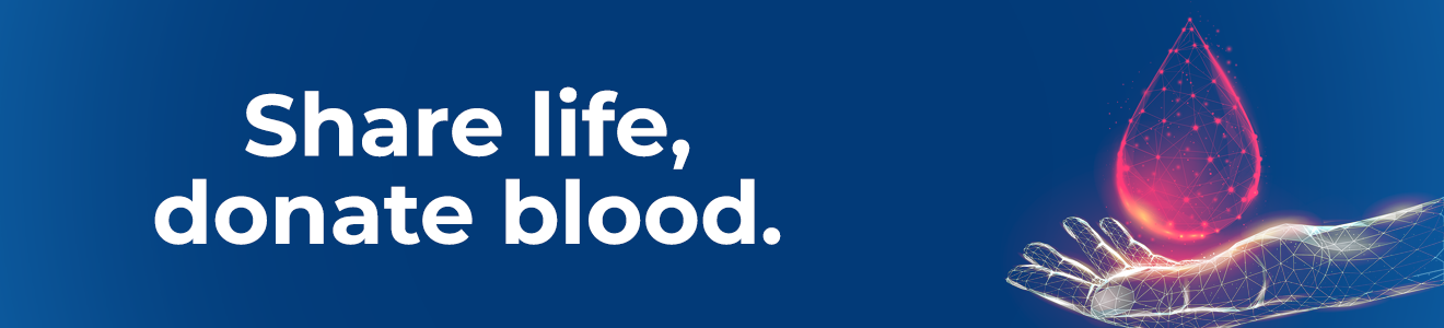 A dark blue banner with white lettering that reads "Give Blood, Save Lives," featuring a 3D image of a hand holding a drop of red blood.