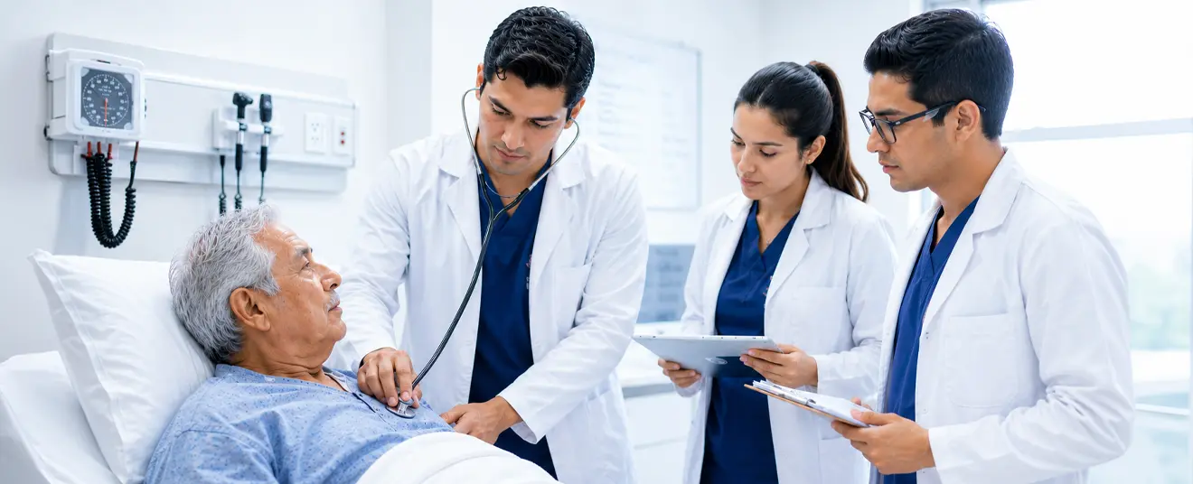 Grupo de Médicos Residentes de Hospital Angeles valoran el caso clínico de un paciente, como parte de su formación.