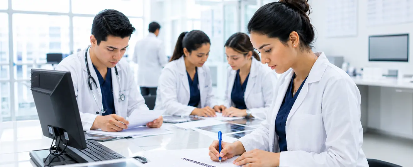 Estudiantes de medicina del Internado Médico de Hospital Angeles Health System reunidos para estudiar.