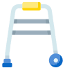 Icono de una andadera gris y amarilla con ruedas azules