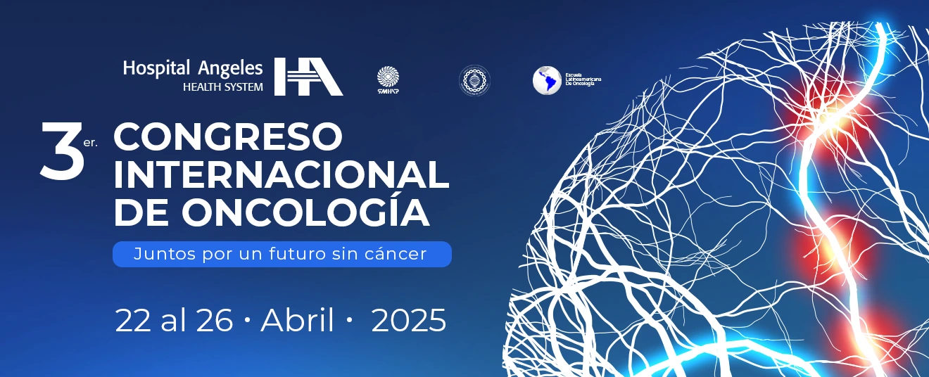 Banner azul, letras blancas de 3er. Congreso Internacional de Oncología y líneas blancas con azul de circuitos neuronales.