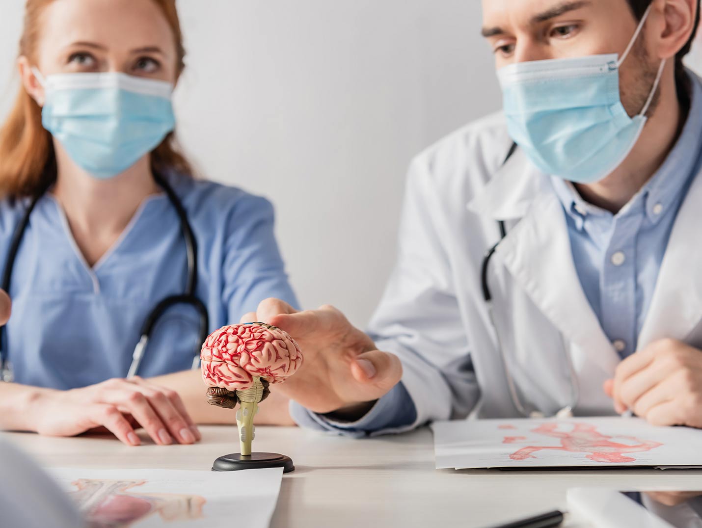 Dos médicos, uno con bata blanca y otra con uniforme quirurgico, estudiando un prototipo del cerebro humano