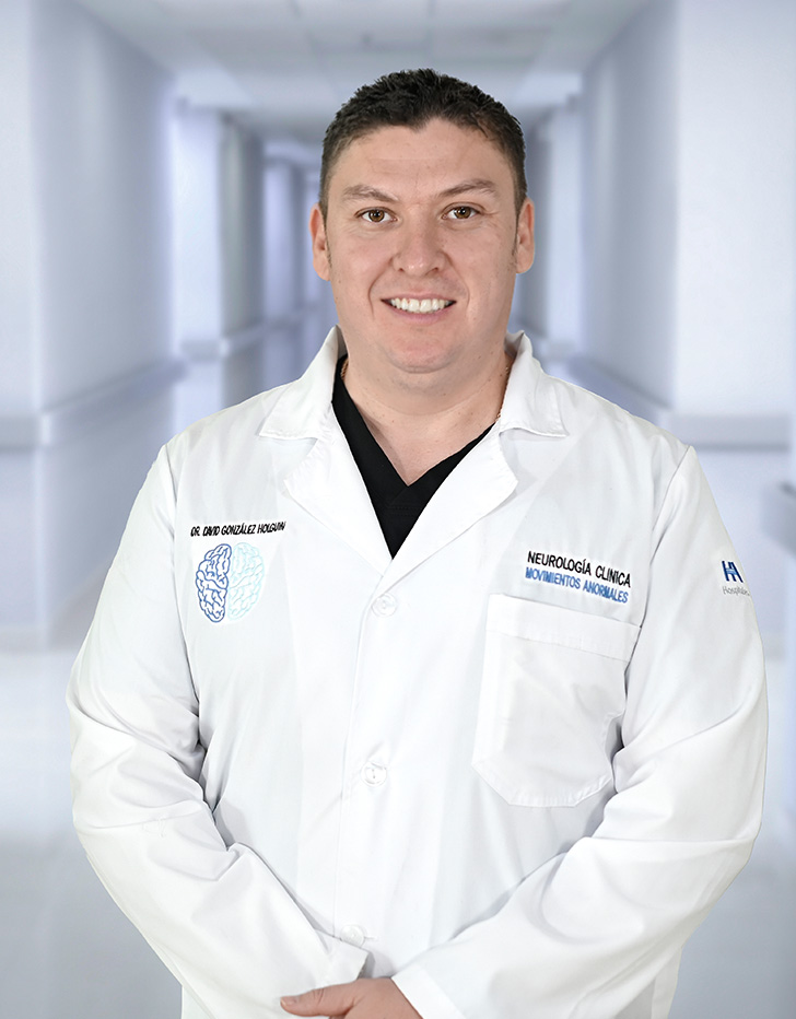 Es la foto de perfil de un neurólogo en Ciudad Juárez de Hospital Angeles Ciudad Juárez. Tiene una camisa blanca con franjas azules a los costados.