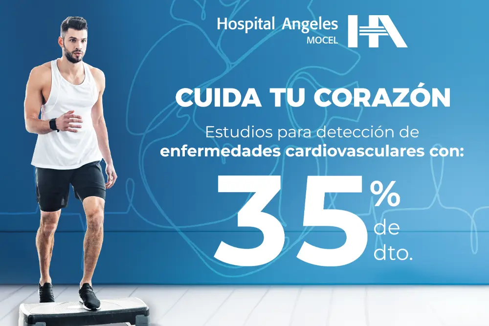 Letras blancas de 35% de descuento estudios seleccionados en Hospital Angeles Mocel con fondo azul, junto a un hombre haciendo ejercicio.