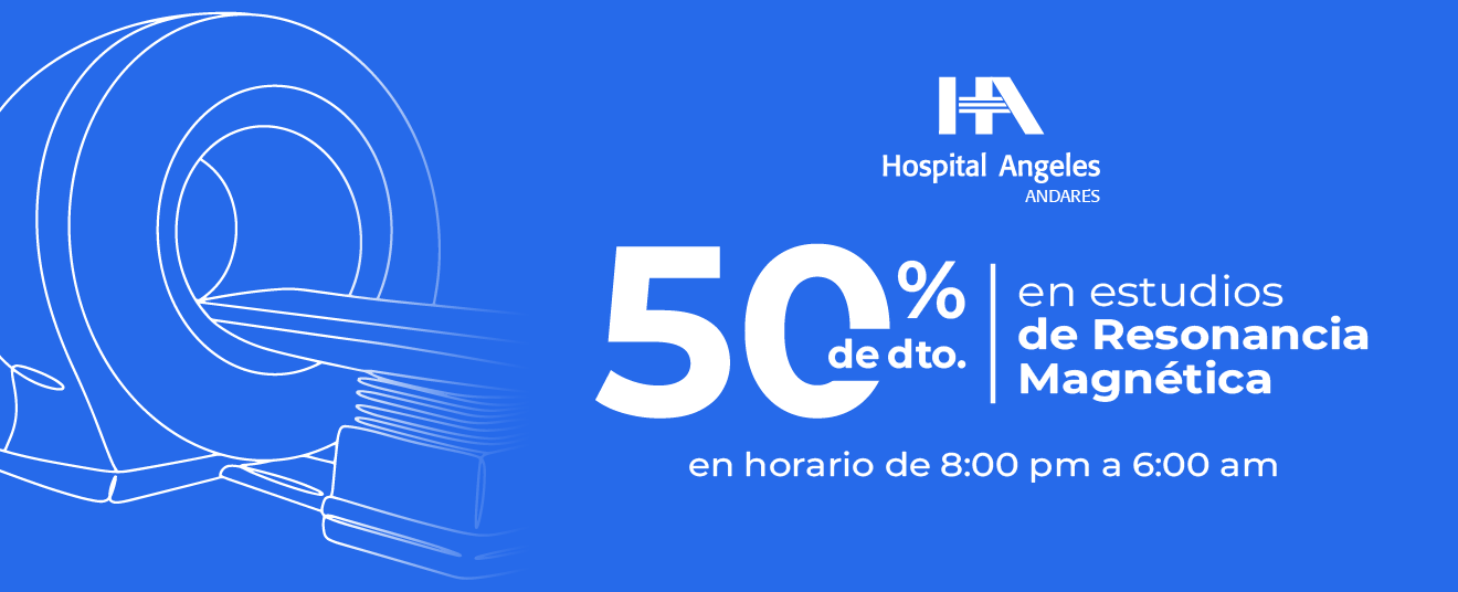 Recuadro azul oscuro con letras blancas de promociones, rombo azul neón detrás y logotipo de Hospital Angeles Health System blanco.