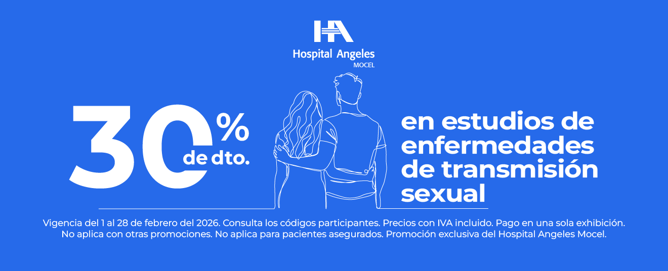 Recuadro azul oscuro con letras blancas de promociones, rombo azul neón detrás y logotipo de Hospital Angeles Health System blanco.