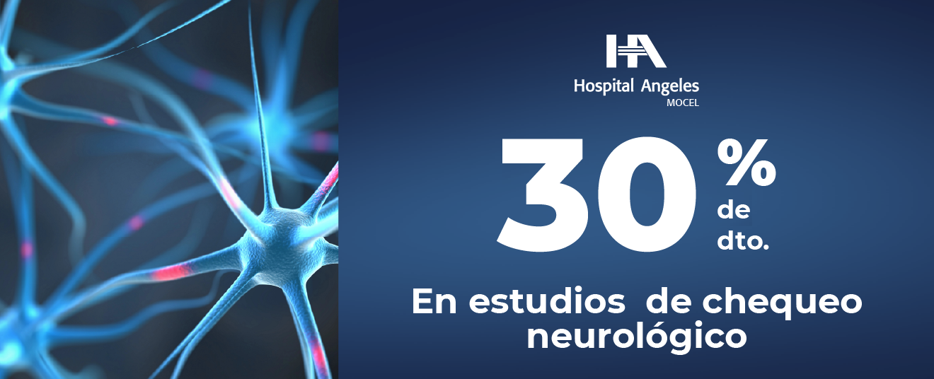 Recuadro azul oscuro con letras blancas de promociones, rombo azul neón detrás y logotipo de Hospital Angeles Health System blanco.
