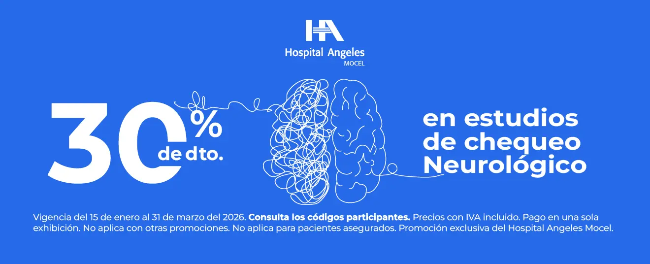 Banner azul con ilustración blanca que representa estudios de chequeo neurológico para detección y evaluación de la salud cerebral.