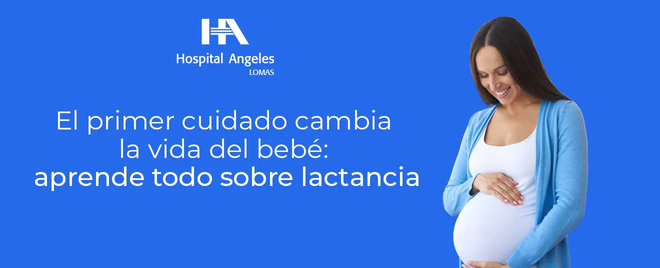 Mujer embarazada sobre fondo azul que representa asesoría de lactancia en Hospital Angeles Lomas para mamás durante su hospitalización por parto. 


