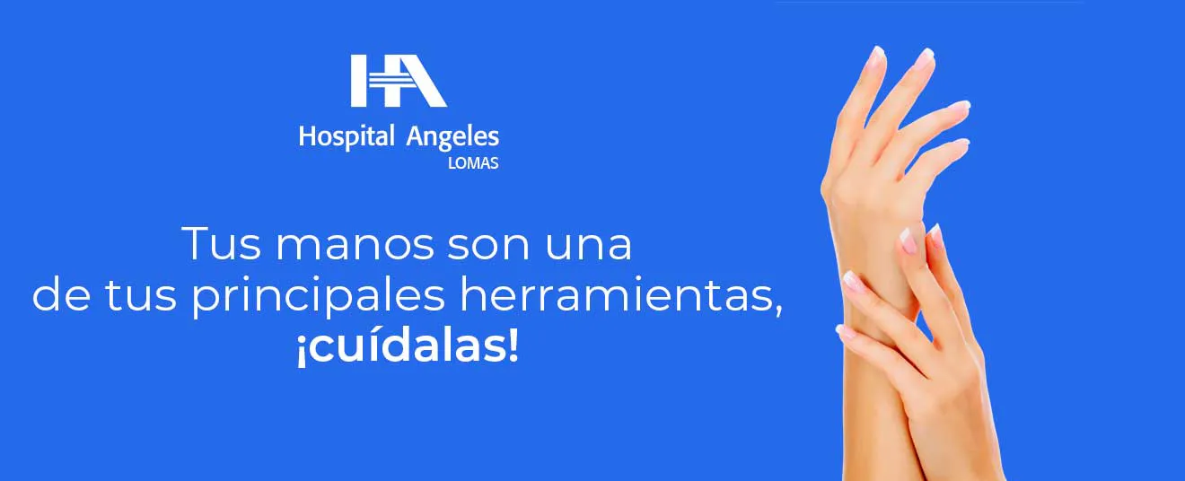 Manos femeninas sobre fondo azul que representan el cuidado de lesiones en mano, muñeca y antebrazo en la Clínica de Mano Hospital Angeles Lomas.