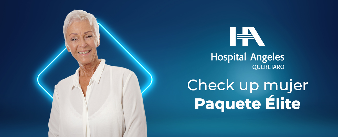 Fondo azul, mujer de mediana edad sonriente. Letras en color blanco logotipo Hospital Angeles Querétaro.