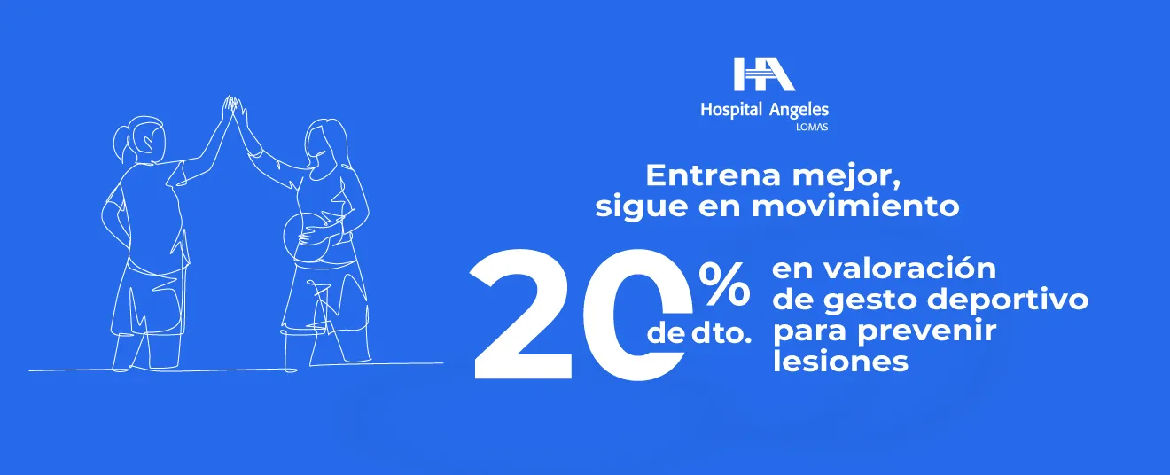 Recuadro azul oscuro con letras blancas de promociones, rombo azul neón detrás y logotipo de Hospital Angeles Health System blanco.