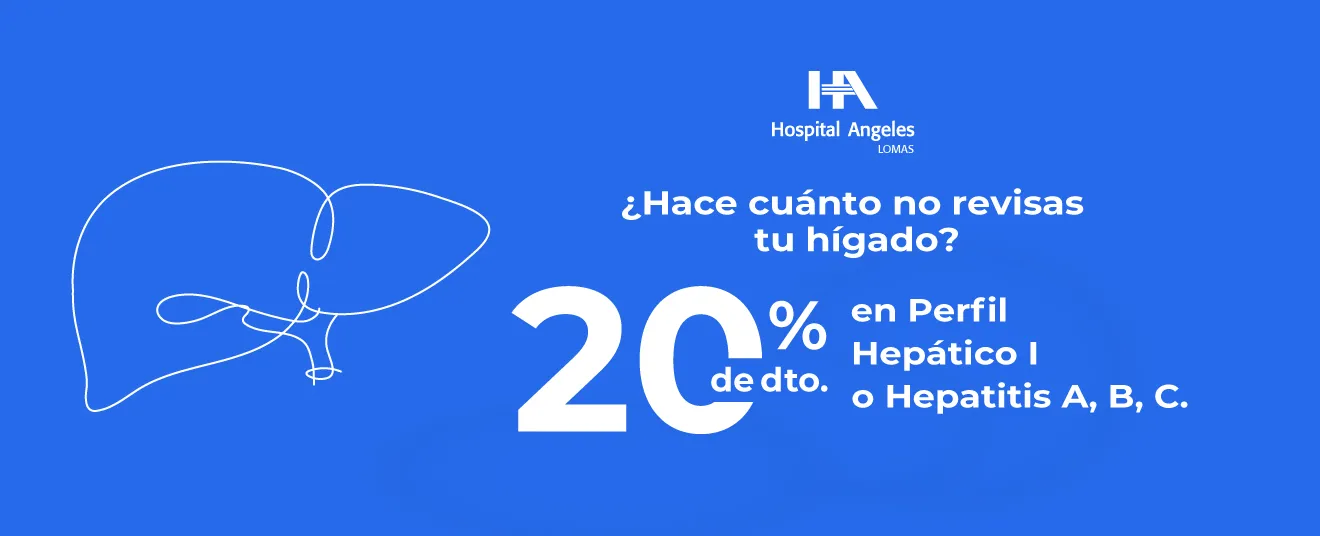 Recuadro azul oscuro con letras blancas de promociones, rombo azul neón detrás y logotipo de Hospital Angeles Health System blanco.