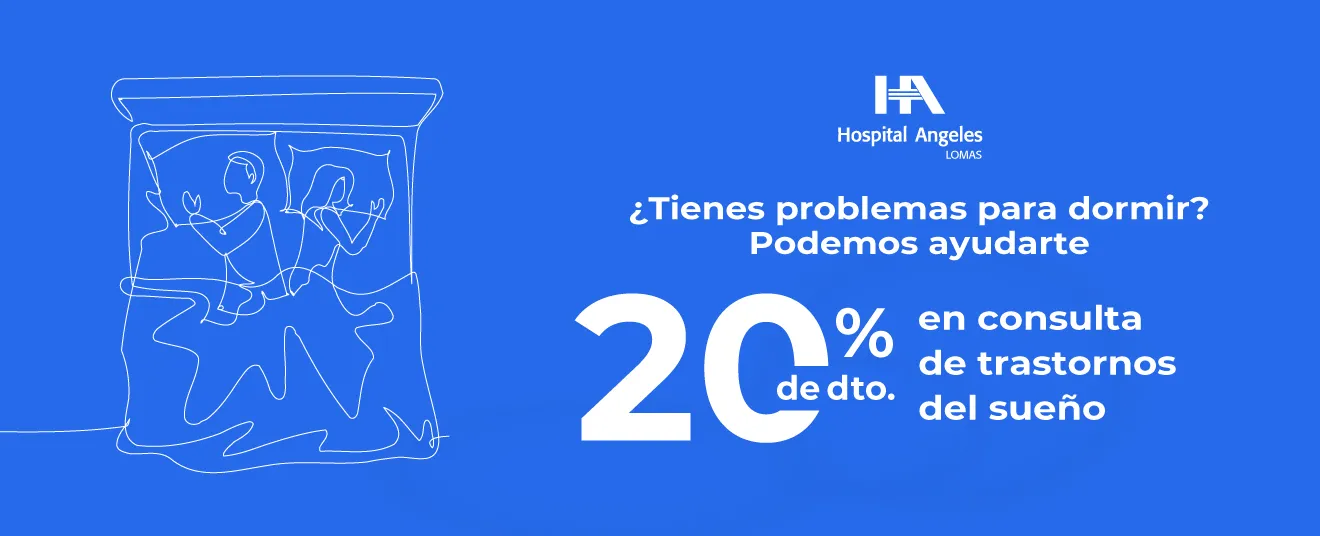Recuadro azul oscuro con letras blancas de promociones, rombo azul neón detrás y logotipo de Hospital Angeles Health System blanco.