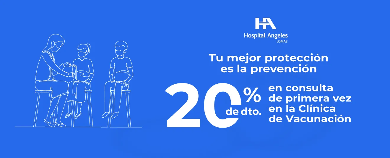 Recuadro azul oscuro con letras blancas de promociones, rombo azul neón detrás y logotipo de Hospital Angeles Health System blanco.