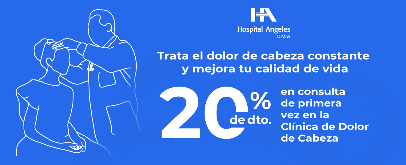 Ilustración blanca sobre fondo azul de un especialista revisando a una paciente en la  la Clínica de Dolor de Cabeza de Hospital Angeles Lomas.
