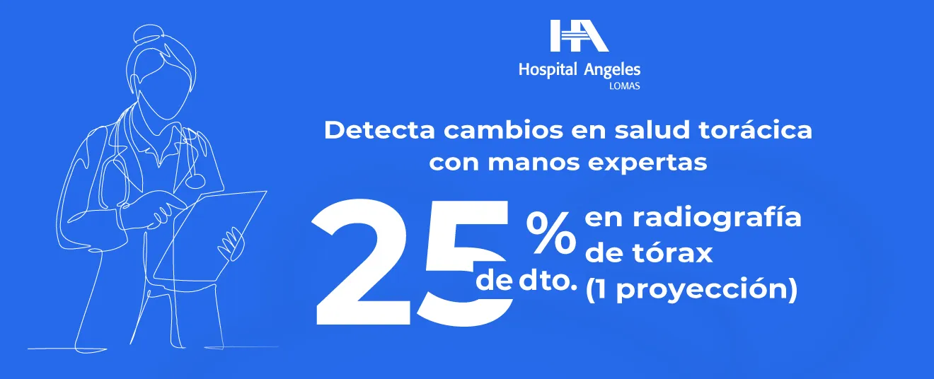 Recuadro azul oscuro con letras blancas de promociones, rombo azul neón detrás y logotipo de Hospital Angeles Health System blanco.