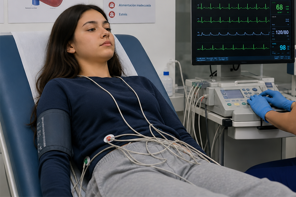 A young woman in her 20s is lying on an examination table while a doctor performs a cardiovascular checkup at Hospital Angeles Acoxpa.	