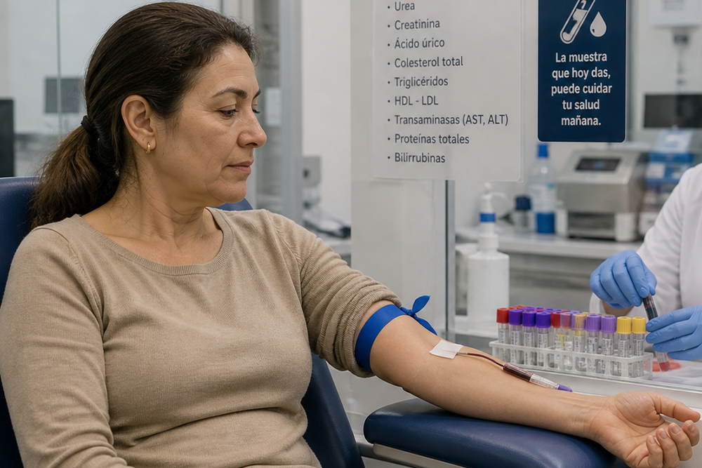 A woman between the ages of 40 and 49 holds her arm while a doctor draws blood for a cardiovascular checkup at Hospital Angeles Acoxpa. 	