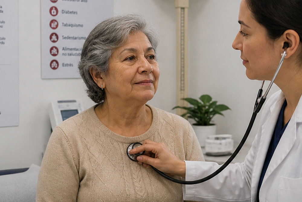 A doctor performs a cardiovascular checkup on a woman over 50, who is seated on an examination table at Hospital Angeles Acoxpa.  	