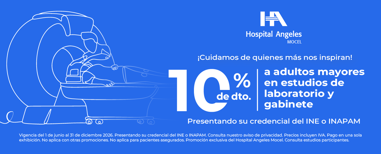 Ilustración de línea blanca sobre fondo azul que representa a un técnico de servicios de imagen de Hospital Angeles Mocel practicando un estudio con descuento a un adulto mayor.