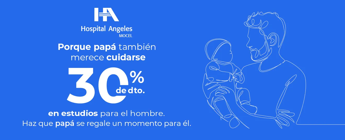 Recuadro azul oscuro con letras blancas de promociones, rombo azul neón detrás y logotipo de Hospital Angeles Health System blanco.