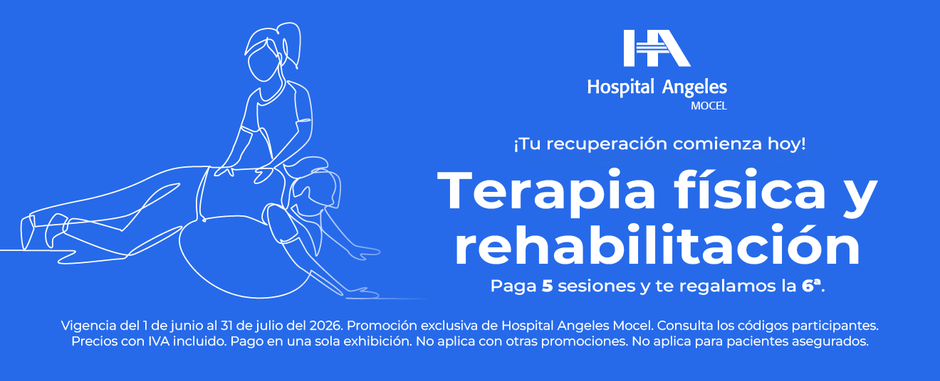 Recuadro azul oscuro con letras blancas de promociones, rombo azul neón detrás y logotipo de Hospital Angeles Health System blanco.