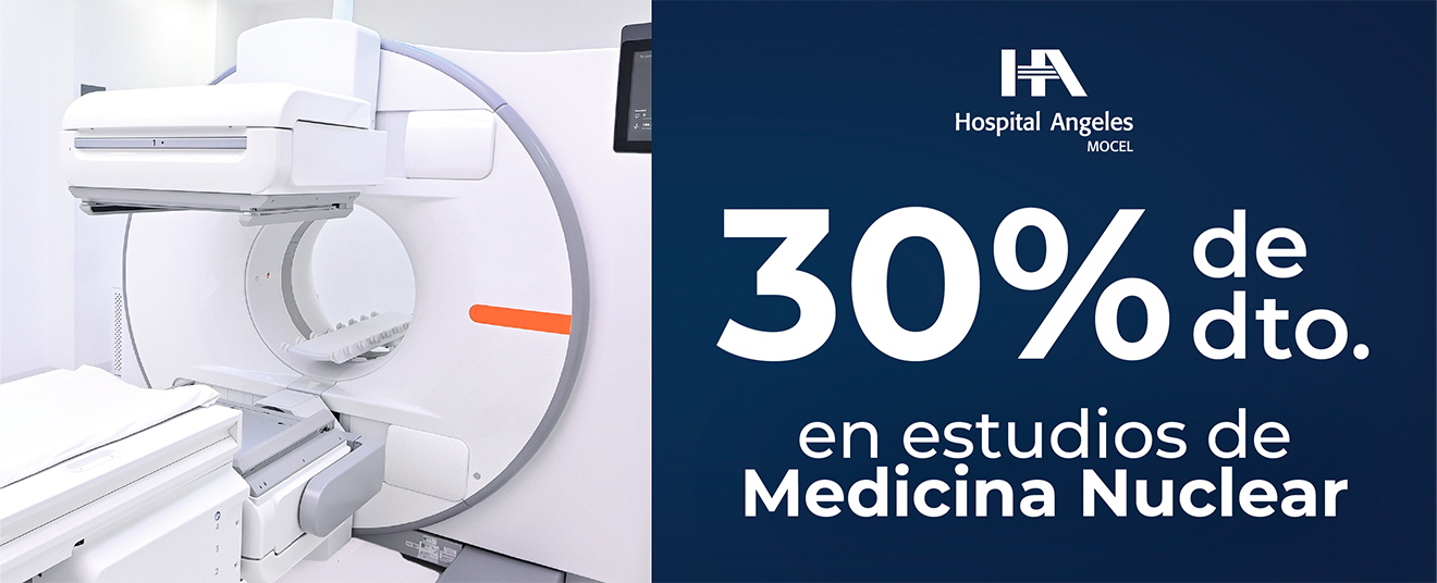 Recuadro azul oscuro con letras blancas de promociones, rombo azul neón detrás y logotipo de Hospital Angeles Health System blanco.