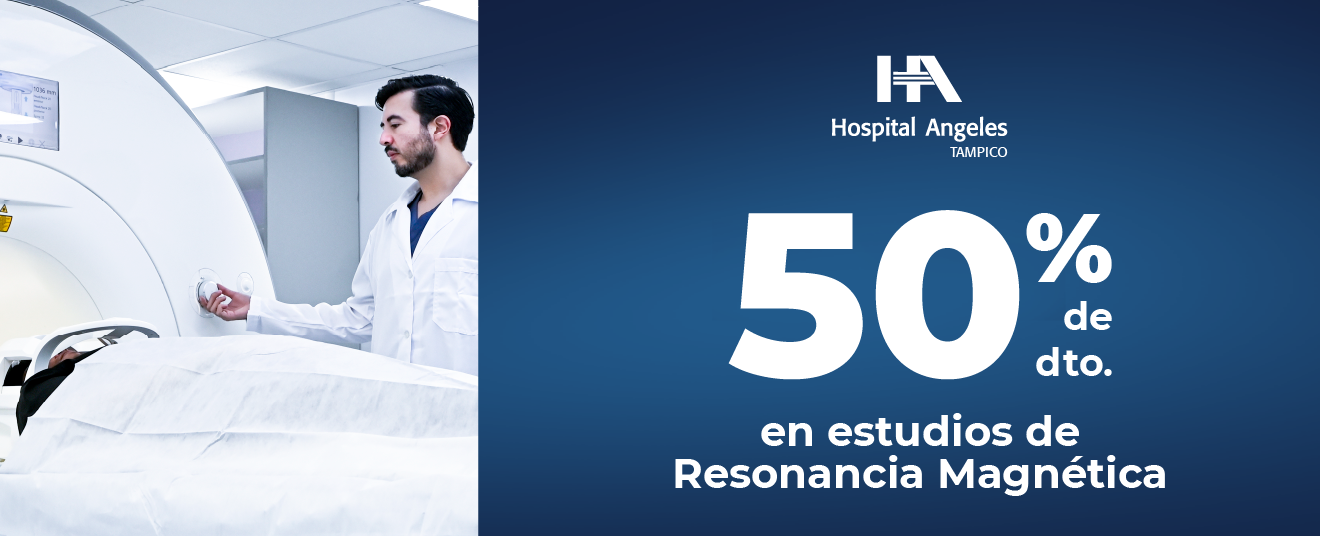 Recuadro azul oscuro con letras blancas de promociones, rombo azul neón detrás y logotipo de Hospital Angeles Health System blanco.