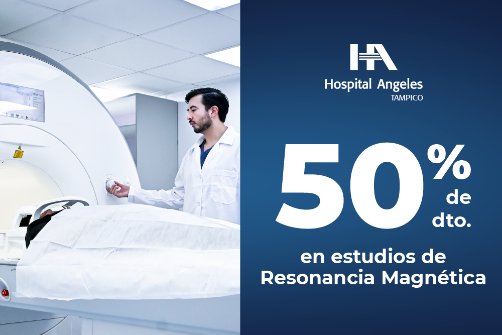 Recuadro azul oscuro con letras blancas de paquetes, rombo azul neón detrás y  logotipo de Hospital Angeles Health System blanco.
