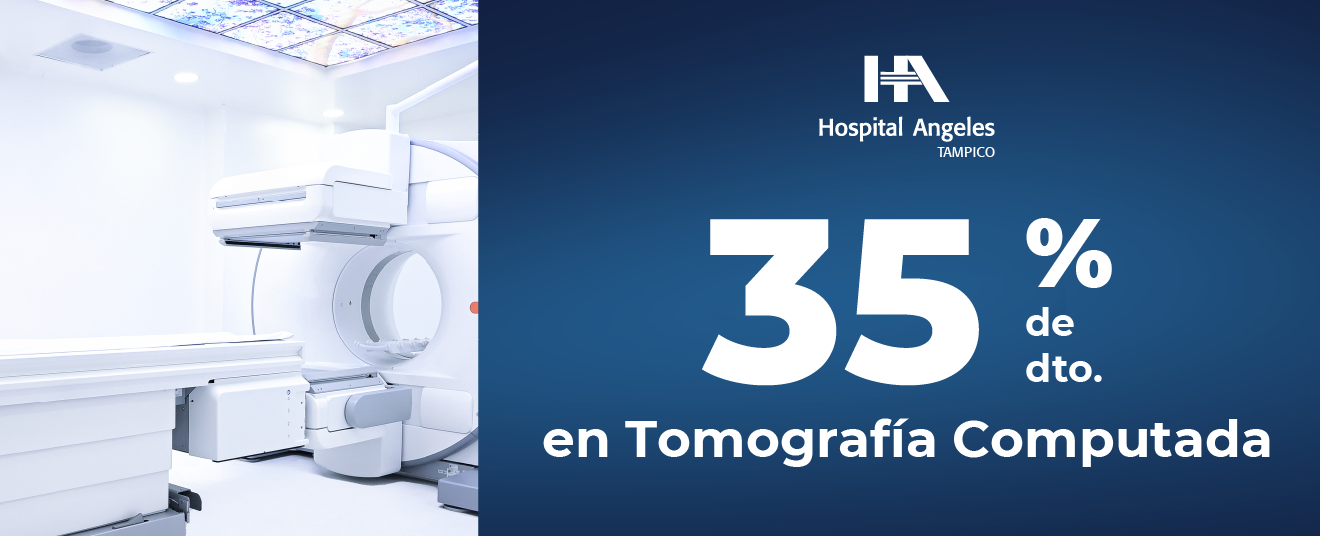Recuadro azul oscuro con letras blancas de promociones, rombo azul neón detrás y logotipo de Hospital Angeles Health System blanco.