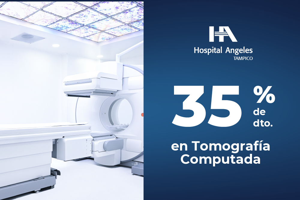 Recuadro azul oscuro con letras blancas de paquetes, rombo azul neón detrás y  logotipo de Hospital Angeles Health System blanco.