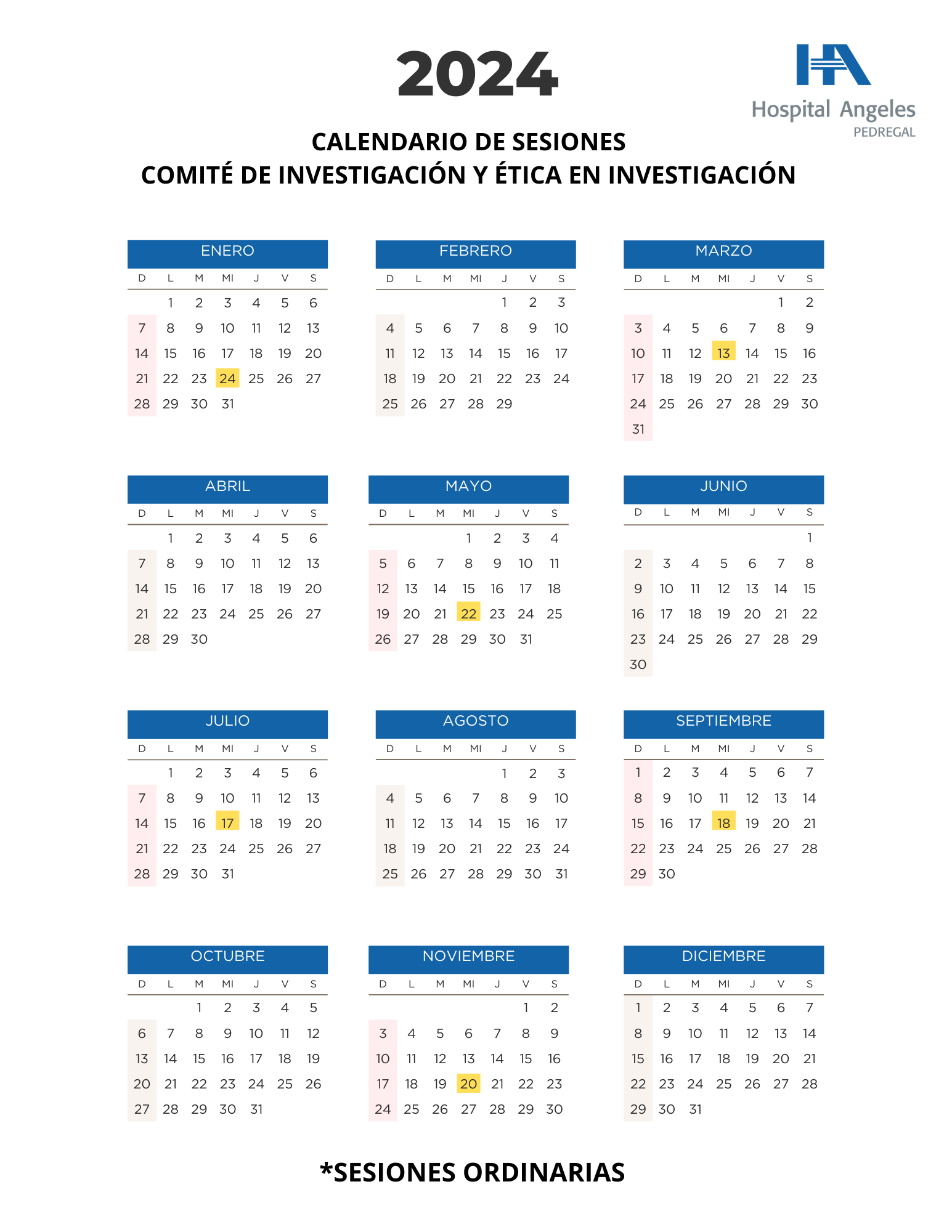 Calendario de Sesiones de Comité de Investigación y Ética 2024 con meses en recuadros azul y números negros en fondo blanco.